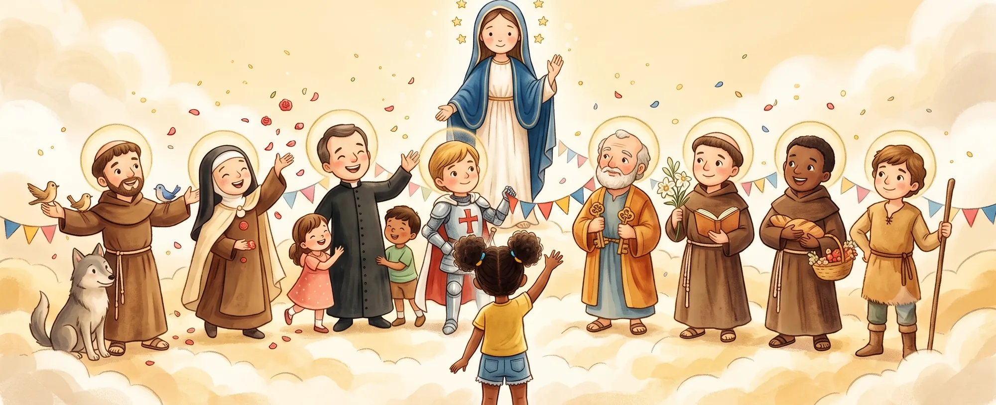 A menina do Missantos, de costas, acenando para Nossa Senhora e os santos no céu
