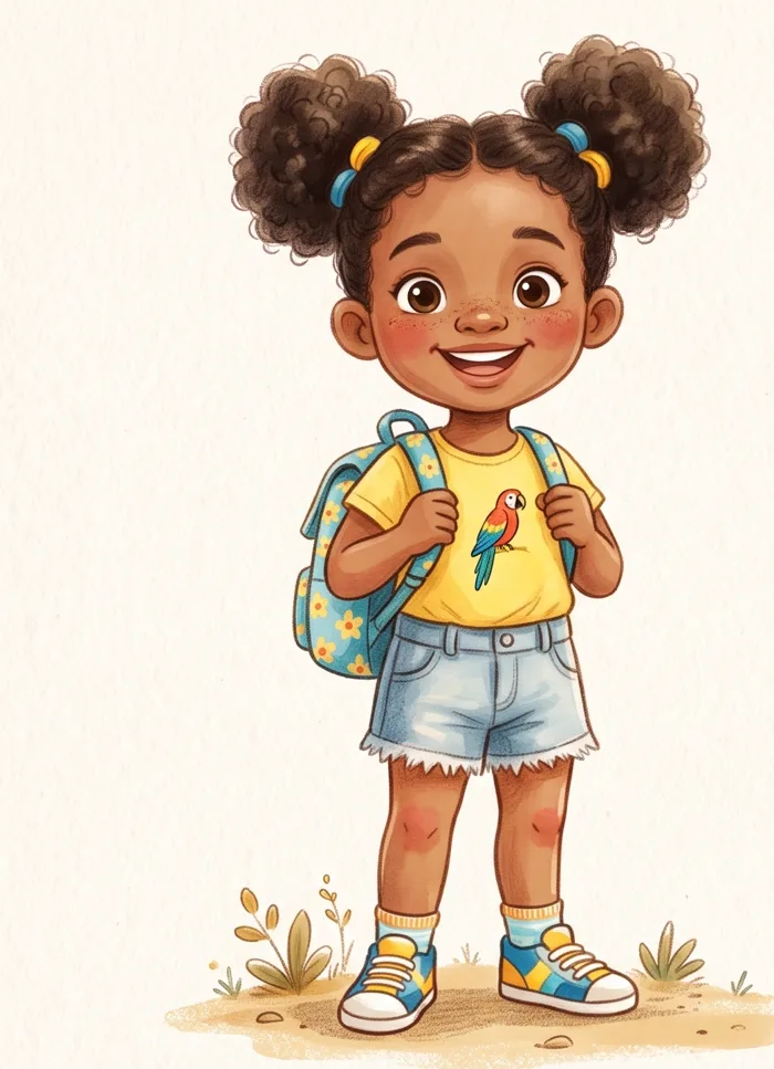 A menina do Missantos, de mochila, sorrindo